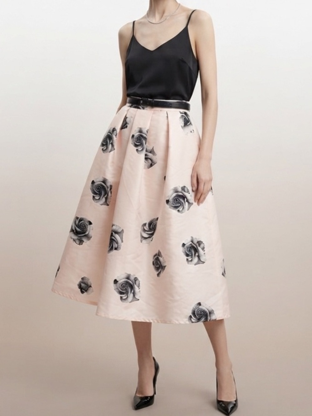 Creme & Black Highrise Floral Print A-Line Skirt Size Small Unlined